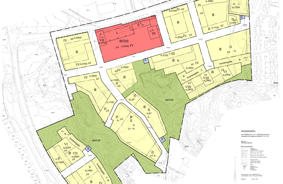 Exempel på planritning med markerade områden för allmänna platser och kvartersmark
