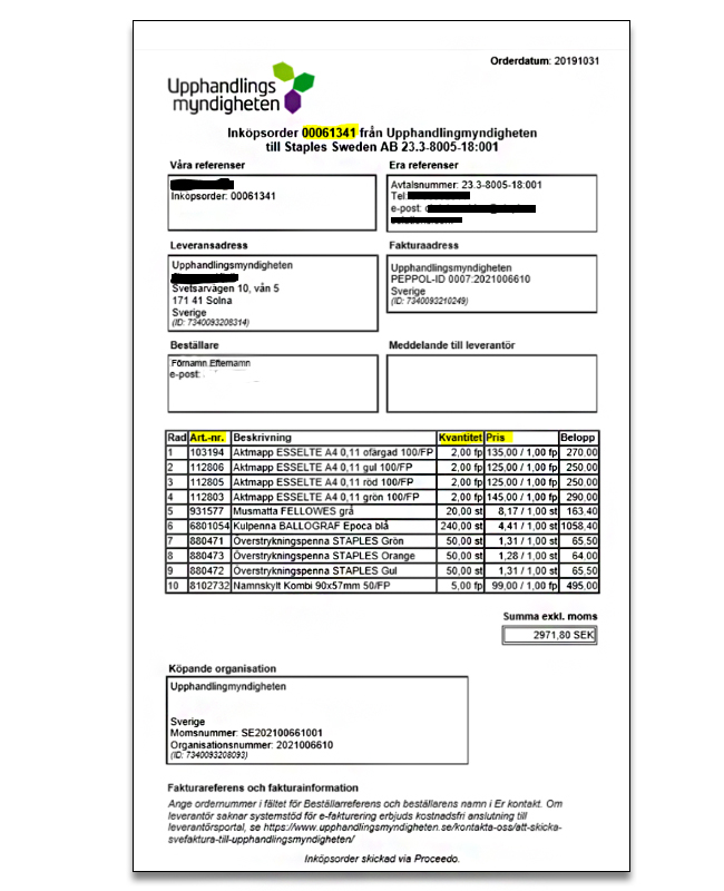 Ett exempel på en inköpsorder med alla uppgifter inklusive inköpsorderummer, artikelnummer, kvantitet och pris för det som köpts in.