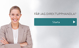 Skärmklipp från vägledningen. En glad ung kvinna står med armarna i kors. Bredvid står texten "Får jag direktupphandla?" och en knapp under med texten "Starta"